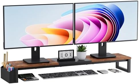 Dual Monitor Stand Riser, 41.5'' Extra Long Wood Monitor Stand Desktop Organizer with Side Pocket, Ergonomic Monitor Riser Supports 2 Monitors,TV,Laptop,Printer for Home Office, Rustic Brown by VERSASKY