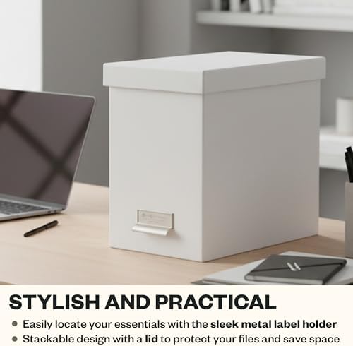 Bigso John Fiberboard Label Frame Desktop File Storage Box - Document Organizer for Important Paperwork - Durable Hanging File Box with a Lid & Metal Label Window - 7.36 x 13.38 x 10.51 in - White - Image 6