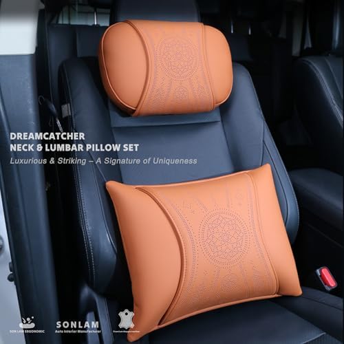 Neck & Back Support Pillow Set for Car & Office Chair - Prosperity & Luck Dreamcatcher - Orthopedic Lumbar & Cervical Pillow for Pain Relief &Posture Correction (Neck & Back Pillows (Cognac Brown)) - Image 2