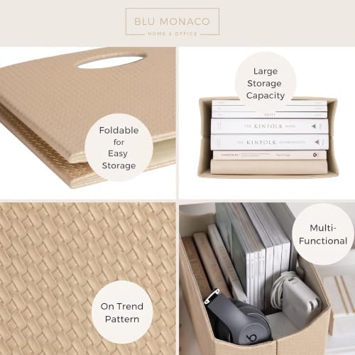 BLU MONACO Magazine Holder - Woven Leather Magazine Basket with Handles - Stylish Rack for Floor or Table - Perfect for Coffee Table, Side Table, Living Room, Reception Desk, or Bathroom (Pebble) - Image 4