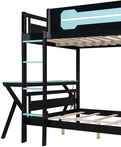 Polibi Full Over Full Bunk Bed with 2 Built-in Gaming Desks, USB Charging Ports & Pegboard Organizer, Heavy-Duty Gaming Bed Frame for Teens/Adults, Blue (Full Size) - Image 6