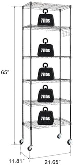 6 Tier Storage Racks Shelving, Heavy Steel Pantry Shelves, Adjustable Wire Shelving Rack with Wheels, Suitable for Garage, Kitchen, Bathroom, Office, 22" W x 12" D x 65" H, Black - Image 2