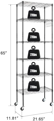6 Tier Storage Racks Shelving, Heavy Steel Pantry Shelves, Adjustable Wire Shelving Rack with Wheels, Suitable for Garage, Kitchen, Bathroom, Office, 22" W x 12" D x 65" H, Black - Image 2