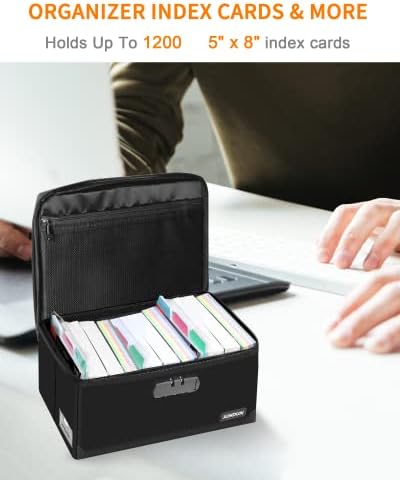 JUNDUN Index Card Holder with Lock,Collapsible Fireproof Index Card Box fits 1200 5x8-Inch Flash Cards - Business, Recipe, or Note Card Storage Boxes - Black - Image 2