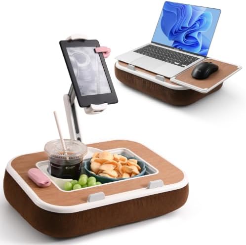 Tablet Pillow Stand with Snack Bowl, 360° Rotating Laptop Lap Desk for 4.7-13" Kindle/Tablet/Phone, 11-15" Laptop, Pillow Kindle Holder for Hands-Free Reading in Bed, Couch,Floor -Brown by NewWinterWarmth