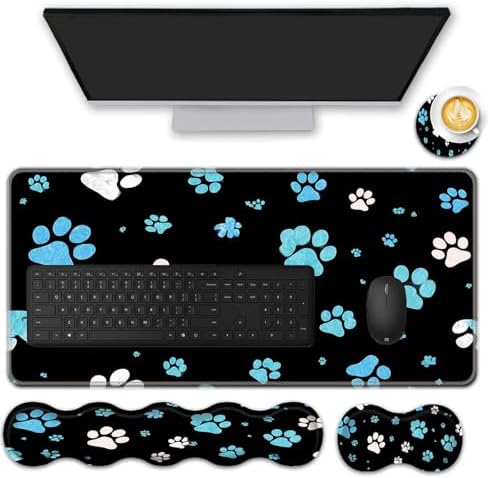 Mouse Pad Set,(31.5×11.8 in) Desk Pad + Keyboard Wrist Rest Support + Mouse Wrist Rest + Coaster for Office,Home,Computer,Laptop - 4 Cute Paw Print by FGDRFGRW