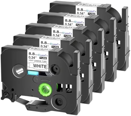USUPERINK 5 PK Compatible for Brother Ptouch HSe-221 HSe221 HS-221 HS221 8.8mm Black on White Heat Shrink Tube Label Tape use in PT-D210 PT-D400 PT-E300 PT-E500 PT-P750WVP Label Maker (0.34''x 4.92ft) by SuperInk