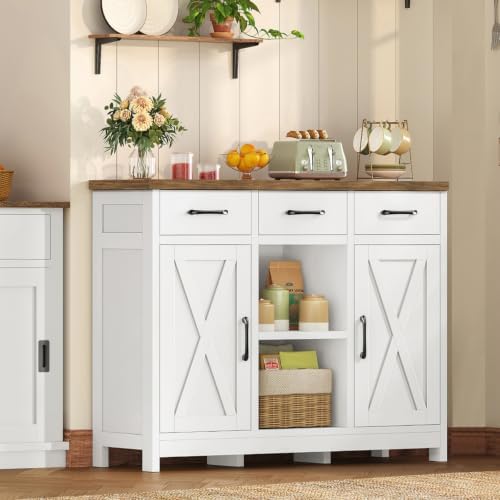 TEENFON Storage Cabinet, Coffee Bar Cabinet with 3 Drawers, 2 Adjustable Shelves & 2 Doors, Buffet Cabinet, Kitchen Cabinet for Kitchen, Dining Room, Living Room, White - Image 5