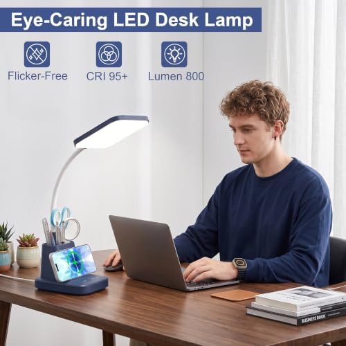 LED Desk Lamp with 10W Wireless Charging & Pen Holder, Navy Blue - Image 6