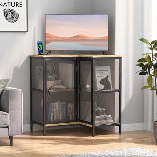 VECELO 3 Tier Corner Cabinet with Doors and Storage Shelves, Industrial TV Stand Multipurpose Free-Standing Table, for Small Space Living Room Home Office Kitchen, Oak Grey - Image 5