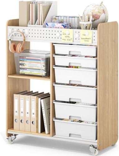 Rolling Craft Cart with 6 Drawers, Pegboard and Locking Wheels Natural by APEXCHASER