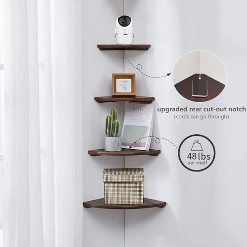 Corner Shelf, Solid Oak Wood Floating Corner Shelf Wall Mount Round End Floating Speaker with Wire Hole for Small Plant Photo for Bedroom Kitchen, Living Room - Image 3
