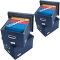 PRANDOM File Organizer Box - Set of 4 Collapsible Decorative Linen Filing Storage Hanging File Folders with Lids Office Cabinet Letter/Legal Size Navy Blue 17.1x14x11.1 inch by Prandom