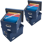 PRANDOM File Organizer Box - Set of 4 Collapsible Decorative Linen Filing Storage Hanging File Folders with Lids Office Cabinet Letter/Legal Size Navy Blue 17.1x14x11.1 inch by Prandom