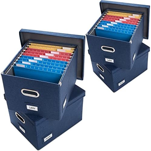 PRANDOM File Organizer Box - Set of 4 Collapsible Decorative Linen Filing Storage Hanging File Folders with Lids Office Cabinet Letter/Legal Size Navy Blue 17.1x14x11.1 inch by Prandom