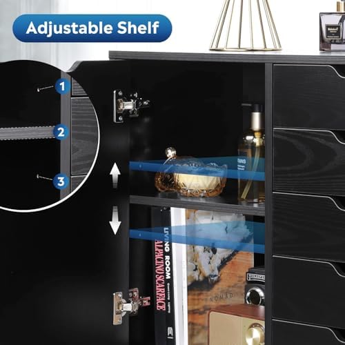 5-Drawer Wood Drawer Cabinet, Office Storage Cabinet with Adjustable Shelf & Wheels, Printer Stand for Home Office, Black, 15.7" D x 30.7" W x 25.4" H - Image 4