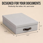 Bigso Oskar Canvas Fiberboard Document Letter Box - File Organizer Box for Important Paperwork - Document Storage with a Lid & Leather Handle - 3.3 in x 10.2 in x 13.8 in - 3 Pack - Ash - Image 4