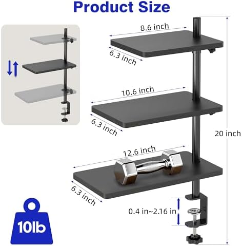 3 Tiers Clamp On Desk Shelf, 360° Angle Adjustable Desktop Shelf Organizer for Home Office Gaming Room, No Drill Desk Extender Adapt to 0.4-2.16 inches Table Thick, Black Brown - Image 2