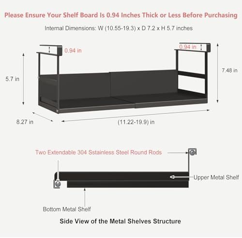 Expandable Under Cabinet Shelf Organizer with 0.94-Inch Thick Clips, Heavy Duty Extendable Under Shelf Storage Basket for Pantry or Laundry Room, Black, 2 Pack, Interior: 5.7" H x 7.2" D - Image 3