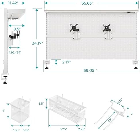 EUREKA ERGONOMIC Desk Pegboard Dual Monitor Stand 59x34 White - Image 3