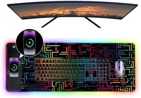 Wireless Charging RGB Gaming Mouse Pad, 31.5 x 11.8 Inch Extended Mouse Mat with Neon Geometric Line Design, LED Desk Pad with 7 Lighting Modes, Non-Slip Base for Gaming & Office - Image 4