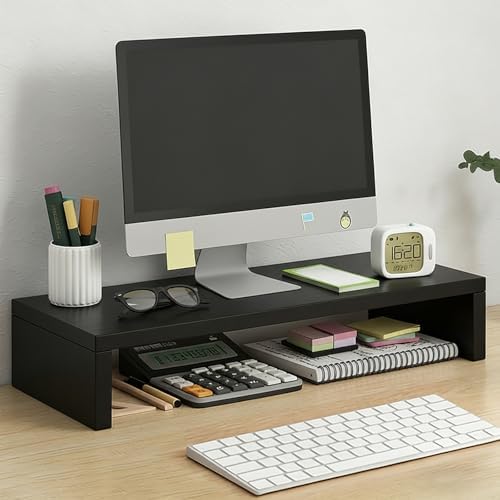 Solid Wood Monitor Stand Riser & Laptop Stand Desk Organizer - Office Accessories for PC Workspace, Computer Organization, Countertop Hutch Black 19.7x7.9x3in by Unknown