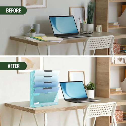 EASEPRES 6 Tier Mesh Hanging Wall File Organizer, Desk Vertical Mail Paper Document Folder Holder Rack with Bottom Tray and Nametag Label for Office Home School, Blue - Image 5