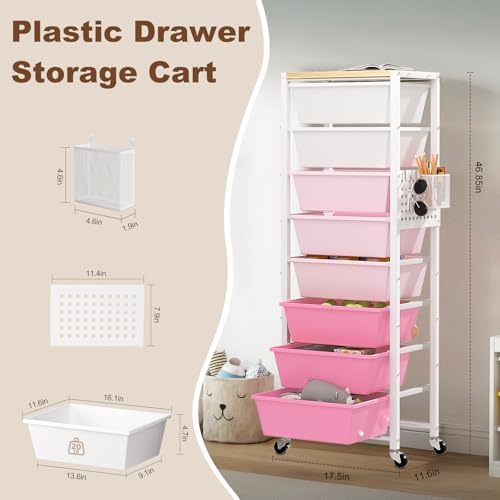 Rolling Cart with Drawers, Rolling Storage Cart with Large Plastic Drawers & Wooden Tabletop, Utility Cart with Pegboards & Basket, Storage Drawers Cart for Living Room, Classroom, Bedroom, Office - Image 2