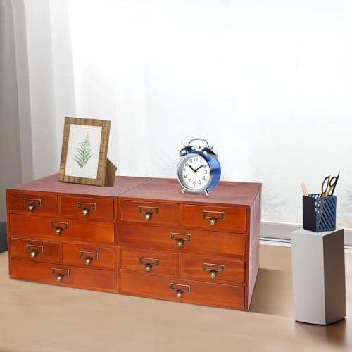 Wooden Desktop Organizer, 3 Tier Tabletop Storage Cabinet with 12 Drawers Composable Four-Piece Set & Metal Handles Modular Stackable Desktop Apothecary Cabinet for Home Offices Schools (Brown) - Image 3