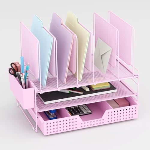 LEKETREE Pink Desk Organizer, Office Organization with Vertical File Holder, File Organizer with Drawer and Pen Holder, Desk Accessories and Workspace Organizers for Home Office (Pink) by Stylishworkspaceeffortlessorganization