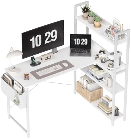 Treesland 47 Inch Computer Desk with Bookshelf, Corner Desk with Storage, L Shaped Desk, Home Office Desks, Writing Study Desk for Bedroom, White by Treesland