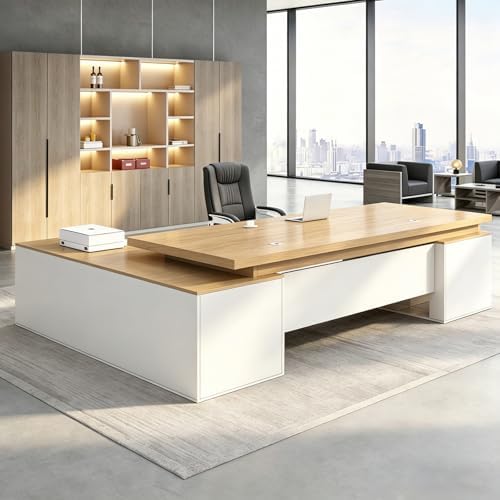 Executive Desk, L Shaped Executive Office Desk with Locking Drawer & File Cabinet, 1'' Thick Desktop, Large Office Desk with Storage, Modern Executive Computer Workstation for Home Office & Business by Unknown