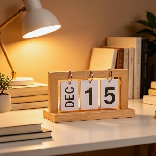 Wooden Perpetual Flip Calendar—Medium Wood Shade—Flip Page Mechanism with Strong Metal Ring—Perpetual Date Tracker for Workspace or Home Office - Image 4