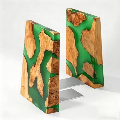 Glow in The Dark Green Resin Bookends, Burl Wood Book Ends for Shelves – Unique Luminous Book Organizer for Office Desk, for Book Lovers (Luminous Green) by Loongresinwood