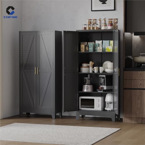 COFaR Metal Pantry Cabinet with Doors, Farmhouse 61'' Tall Storage Cabinet with 3 Adjustable Shelves, Kitchen Pantry Cabinet for Dinning Room, Garage, Laundry, Bathroom, Black 4-Tier - Image 4
