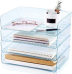 Harloon 4 Tier Clear Blue Acrylic Paper Organizer Letter Tray, Aesthetic Stackable Desk File Organizer Paper Holder Office Tray for A4, Modern Classroom Office Home File Pad Books Notes by Muasung