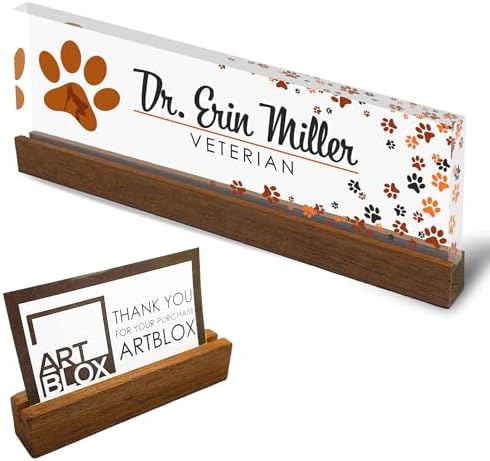 Artblox Personalized Office Desk Name Plate and Business Card Holder | Clear Acrylic Glass with Teak Wood Stand | Vet Animal Design Customized with Your Name and Credentials Office Desk Décor by Artblox