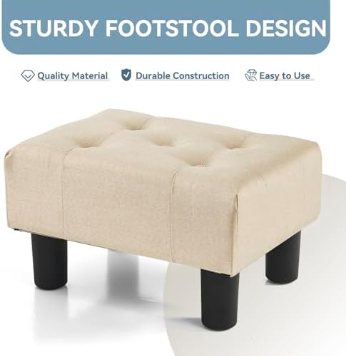 Poofzy Small Foot Stool Ottoman, Linen Ottoman Foot Rest with Legs, Rectangle Foot Rest for Couch, Footstools and Ottomans Small for Living Room and Entryway (Beige) - Image 4