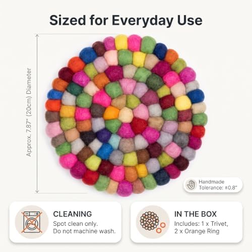 Wool Felt Ball Trivet Pot Mat, 7.8 Inch, Colorful Mix, 2 Pack - Image 7