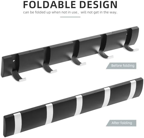2 Pack Foldable Stylish Modern Hook Rack with 5 Hooks, Coat Hooks Wall Mount, Metal Coat Hook Rail for Coat Hat Towel Purse Robes Mudroom Bathroom Entryway (Black and Silver) - Image 5