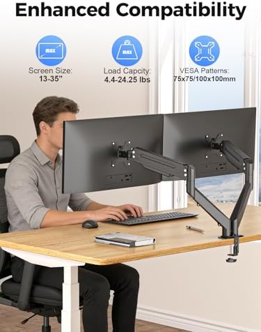 Suptek Dual Monitor Mount Stand-Height Adjustable Gas Spring Monitor Arm Desk Mount for 2 Computer Screens 17 to 35 inches - Each Arm Holds up to 24.25lbs,Black(MD8SP) - Image 2