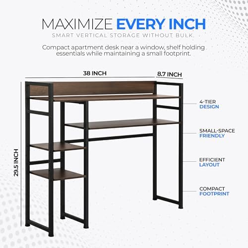 Desk Shelf Storage, 38 Inch, 4-Tier Wood Bookshelf Organizer, Computer Desk Hutch – Dark Brown, Desktop Bookshelf Organizer Shelf for Desk for Dorm Workspace and Home Office Use - Image 2