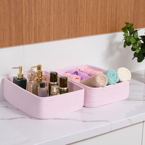 MiniArk Large Shallow Organizing Baskets 15x11x5.1 Inches - Rope Woven Storage Bins for Bathroom, Shelves, Cube Closet, Light Pink 4 Packs - Image 6