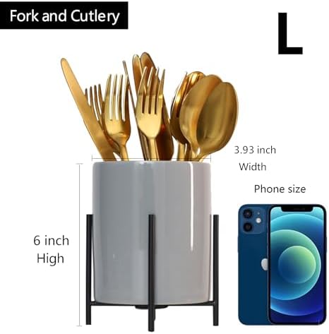 Caddy Flatware Caddy Holder Grey Ceramic with metal round frame Store Utensils, Silverware Organize kitchen Countertops and Dining tables - Image 6