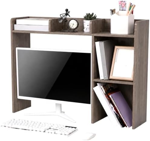 Briwooody Dorm Desk Bookshelf Desk Hutch Organizer with 5 Shelves and 3 Tier Desktop Hutch Storage Organizer for College Dorm Home Office Supply, 32.5 x 23.5 x 8 Inch(Grey) by Briwooody