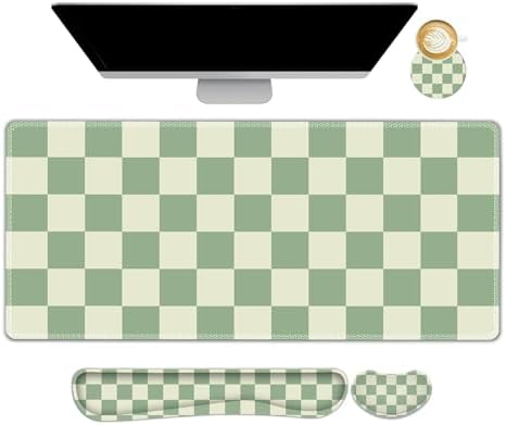 Large Gaming Mouse Pad Set, 4 in1 Ergonomics Keyboard Desk Mat with Memory Foam Wrist Rest, Extended Game Mousepad, Non-Slip Desk Pad Matt Easy Typing Pain Relief I Green Checkered by NXZGO