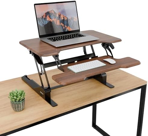 Mount-It! Height Adjustable Standing Desk Converter, Compact 30” Wide Tabletop Standing Desk Riser with Gas Spring, Desktop Stand Up Workstation with Keyboard Tray Fits Monitor or Laptop, Dark Walnut by Mount-It