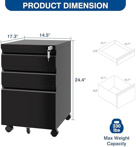 Fesbos 3 Drawer Mobile Metal File Cabinet, Black Filling Cabinets with Lock, Pre-Built Office Storage File Cabinet with Wheels Under Desk - Assembled Required - Image 2
