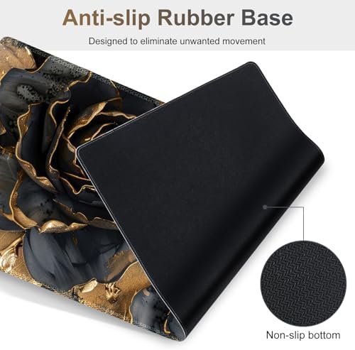 Desk Mat Pad, Gaming Mouse Pad Wrist Support Set, 4 in1 Non-Slip XXL Large Mousepad + Ergonomic Keyboard Wrist Rest+Mouse Wrist Rest+Coaster for Home Office PC Computer I Black Gold Floral - Image 6