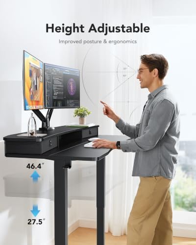 HUANUO 60″ x 30″ Electric Standing Desk with 2 Drawers, C-Clamp Mount Compatible, Height Adjustable Computer Desk, Home Office Stand Up Desk with 4 Preset Heights & 2 Hooks, Black - Image 6